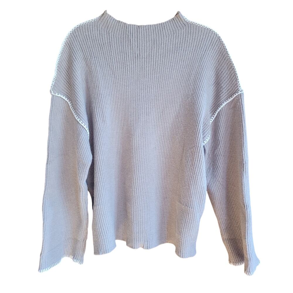 Rubzoo Beige Ribbed Knit Sweater Lettuce Edge Softgirl Minimalist M Boxy Fit